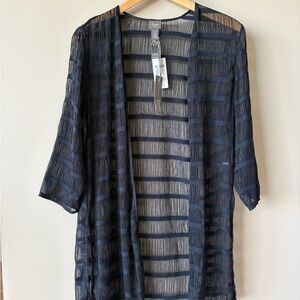 Chico's Travelers Navy Blue Striped Mesh Poly 3/4 Sleeve Tunic Cardigan Sz 2 NWT